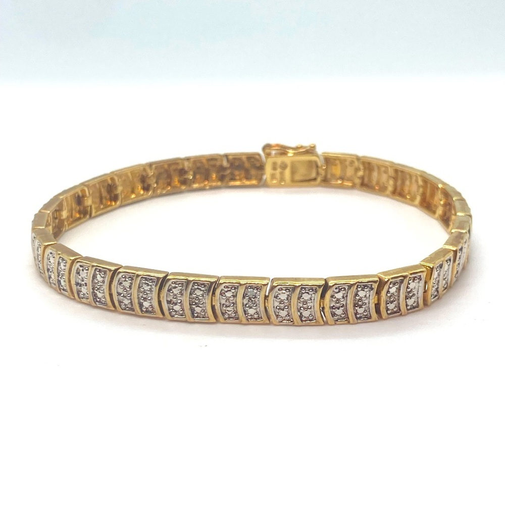 Vtg 925 Sterling Silver Gold Plated Faux Diamond Look Tennis Bracelet | 7.5” L